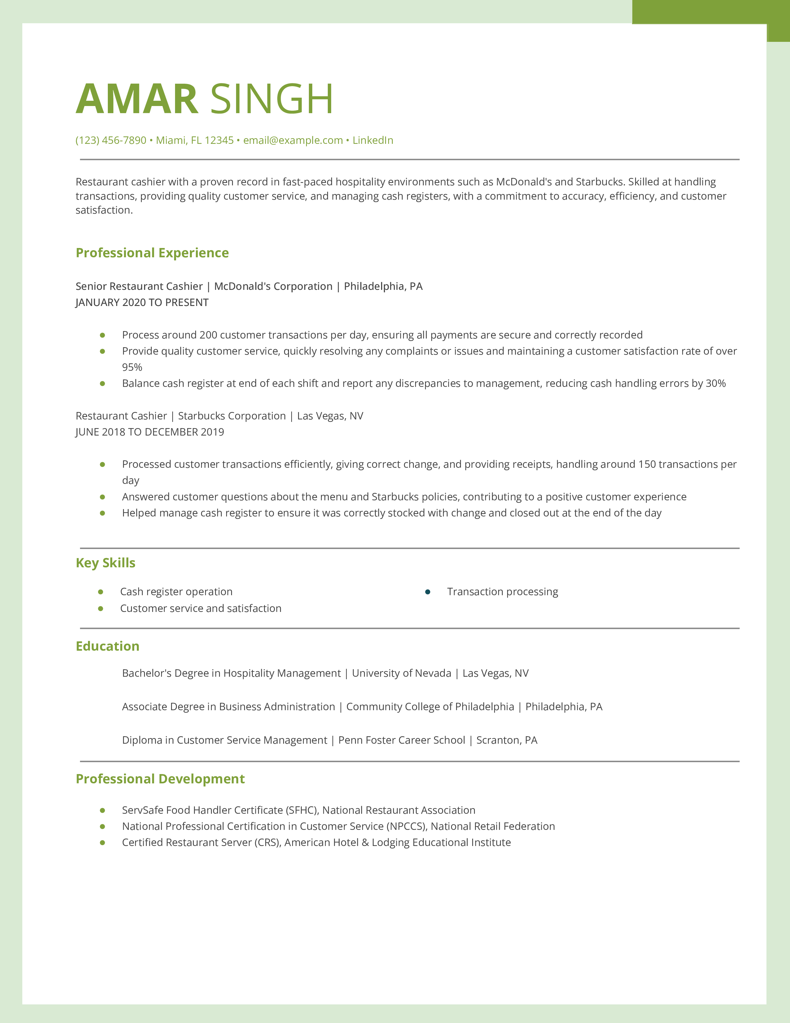Restaurant Cashier Resume Example